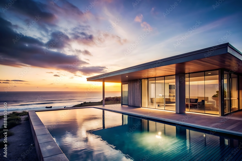 Fototapeta premium Modern house with infinity pool overlooking the ocean at sunset.