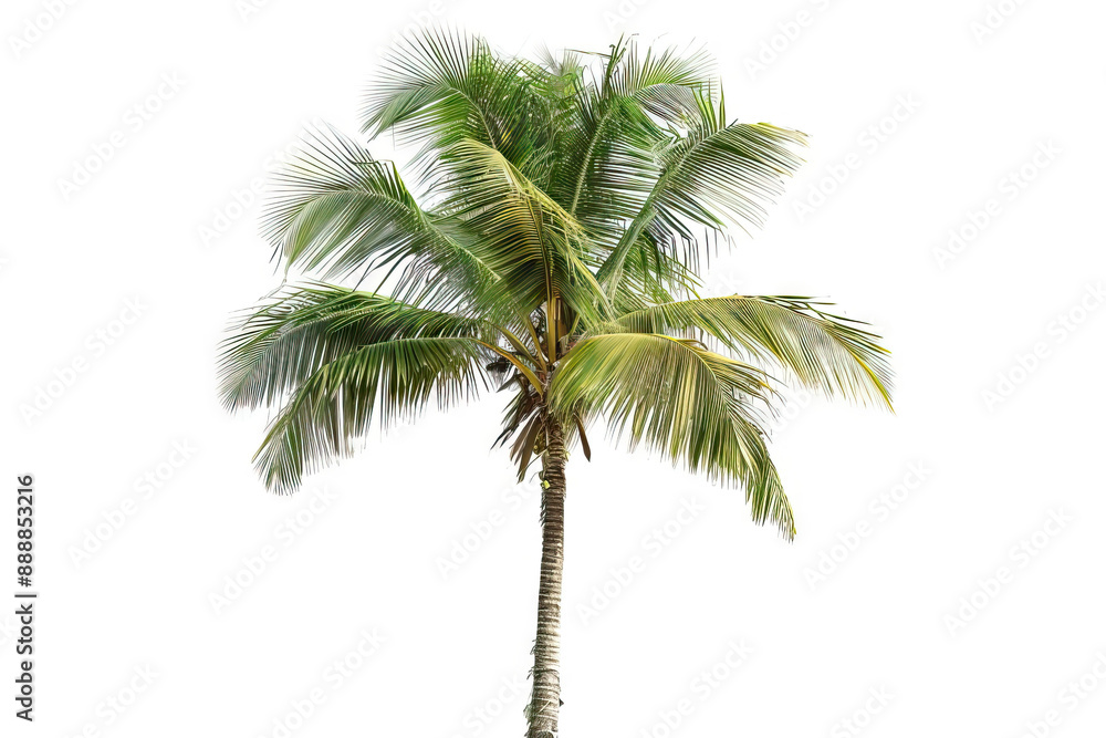 Single lush green palm tree isolated on a white background, ideal for tropical and natural themes. Single lush green palm tree isolated on a white background, ideal for tropical and natural themes.