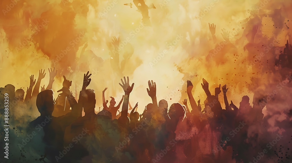 A crowd at a festival with hands up, watercolor effect, soft and muted tones A crowd at a festival with hands up, watercolor effect, soft and muted tones