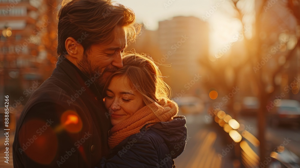 A man and woman embrace in the warm glow of a setting sun, surrounded by an urban cityscape A man and woman embrace in the warm glow of a setting sun, surrounded by an urban cityscape