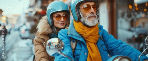 An older man and woman wear helmets and ride a scooter along a city street, while the man wears a bright yellow scarf © Dmitry