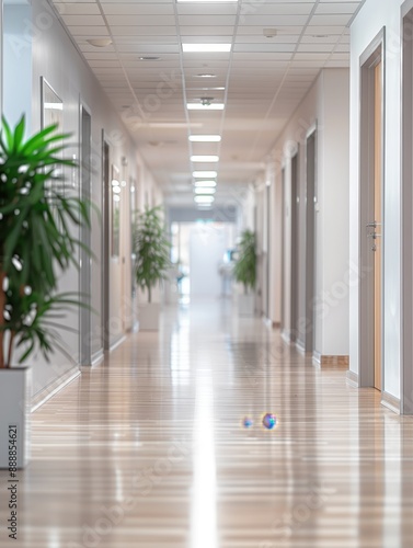 Bright hospital hallway, clean surroundings, green potted plants, polished floors, doors leading to rooms. © K silver