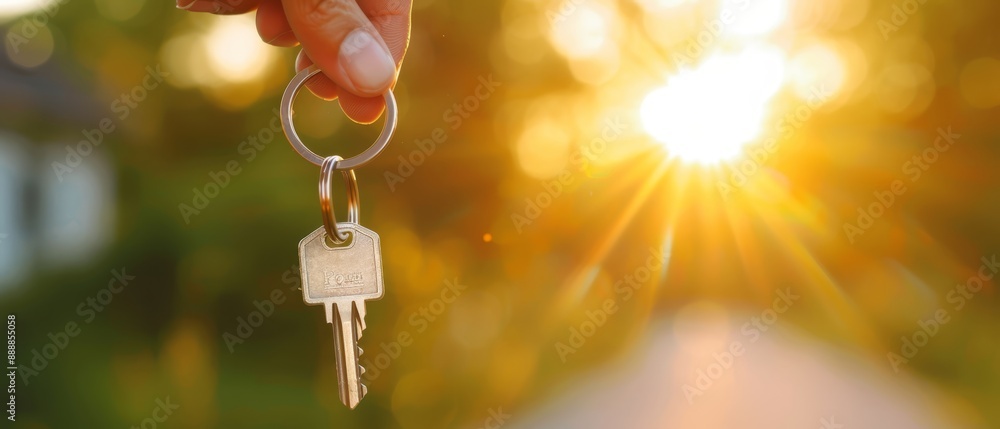 A hand holds up a key before a sunlit house Sun rays filter through the trees in the backdrop A hand holds up a key before a sunlit house Sun rays filter through the trees in the backdrop