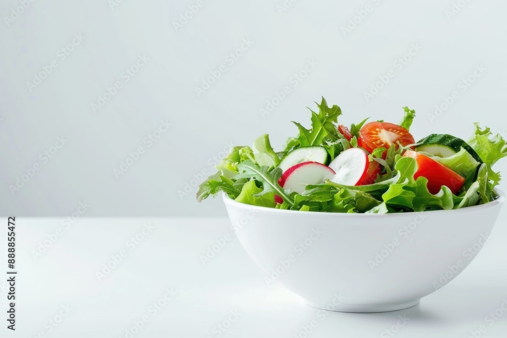 Fresh green salad with cucumber, tomatoes, and radishes in a white bowl Fresh green salad with cucumber, tomatoes, and radishes in a white bowl