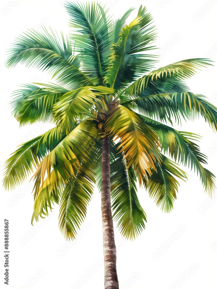 Tropical palm tree, lush green fronds, serene island vibe, clear white background, nature beauty, exotic foliage, towering trunk, natural relaxation Tropical palm tree, lush green fronds, serene island vibe, clear white background, nature beauty, exotic foliage, towering trunk, natural relaxation