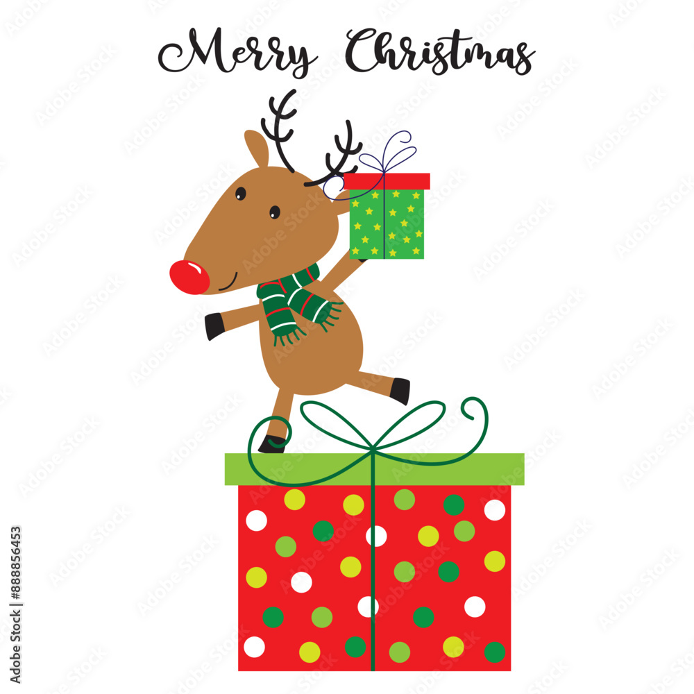christmas card with cute reindeer and present christmas card with cute reindeer and present