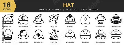 Set of 16 Hat icon set. Editable Stroke Icon Collection. Includes Accessories, baseball hat, police hat, santa hat, party hat, and More. Outline icons vector collection.