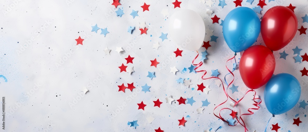 Red, white, and blue balloons and streamers against a blue and white backdrop with scattered red and white stars Red, white, and blue balloons and streamers against a blue and white backdrop with scattered red and white stars