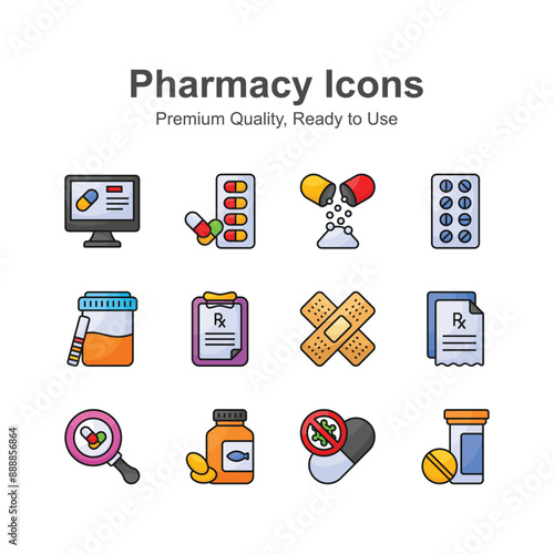 Take a look at creatively crafted icons set of pharmacy, ready to use vector