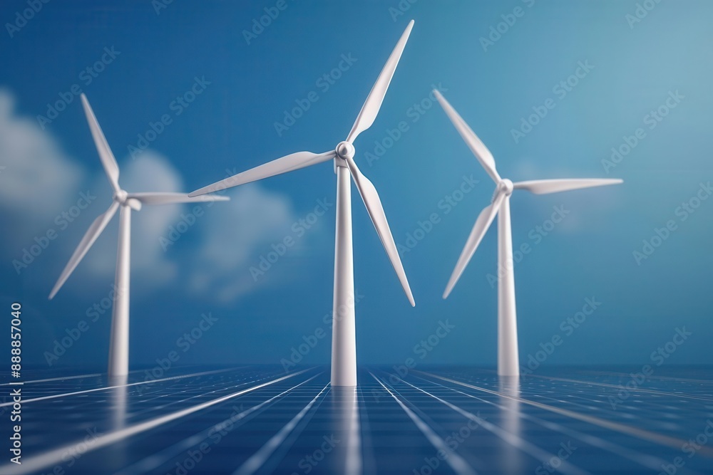 Three wind turbines stand tall against a blue sky, reflecting on a calm sea. Clean energy and sustainability concept. Three wind turbines stand tall against a blue sky, reflecting on a calm sea. Clean energy and sustainability concept.