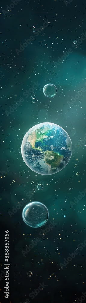 Obraz premium A digital illustration of Earth as a bubble in a dark, swirling space.