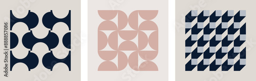 Vector illustration set of bauhaus abstract flat seamless contemporary modern mid-century monochrome geometric semi-circle and square pattern. For wallpaper design, pattern, background, print, card