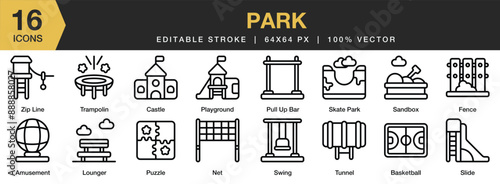 Set of 16 Park icon set. Editable Stroke Icon Collection. Includes amusement, castle, swing, trampolin,  sandbox, slide, and More. Outline icons vector collection.