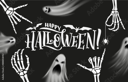 Halloween realistic ghosts and skeleton hands. Vector background with creepy spooks, skeletal arms, bats, spider hangs down eerie cobweb. Spine-tingling party banner that sends shivers down the spine