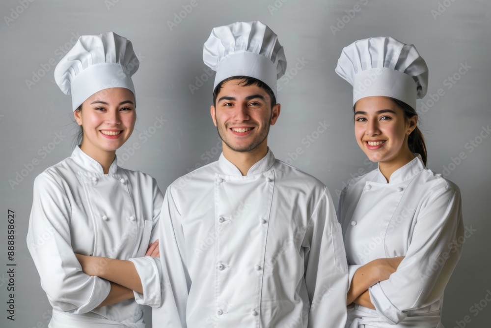 a group portrait of smiling young chefs, simple minimal background a group portrait of smiling young chefs, simple minimal background