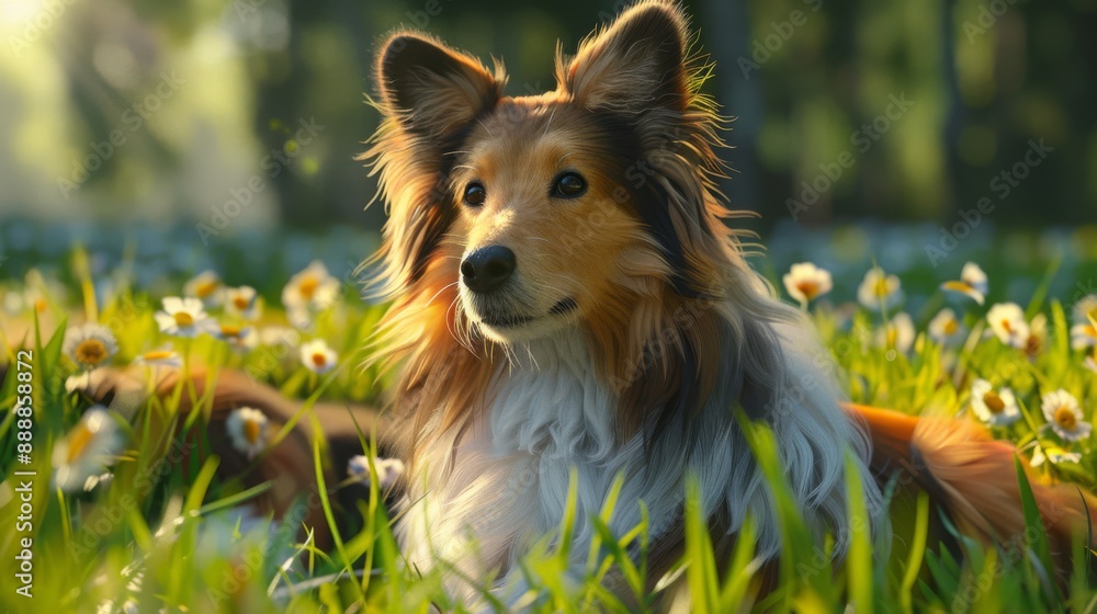A beautiful Shetland Sheepdog laying in a sunny meadow, surrounded by blooming daisies, exuding calm and serenity. A beautiful Shetland Sheepdog laying in a sunny meadow, surrounded by blooming daisies, exuding calm and serenity.