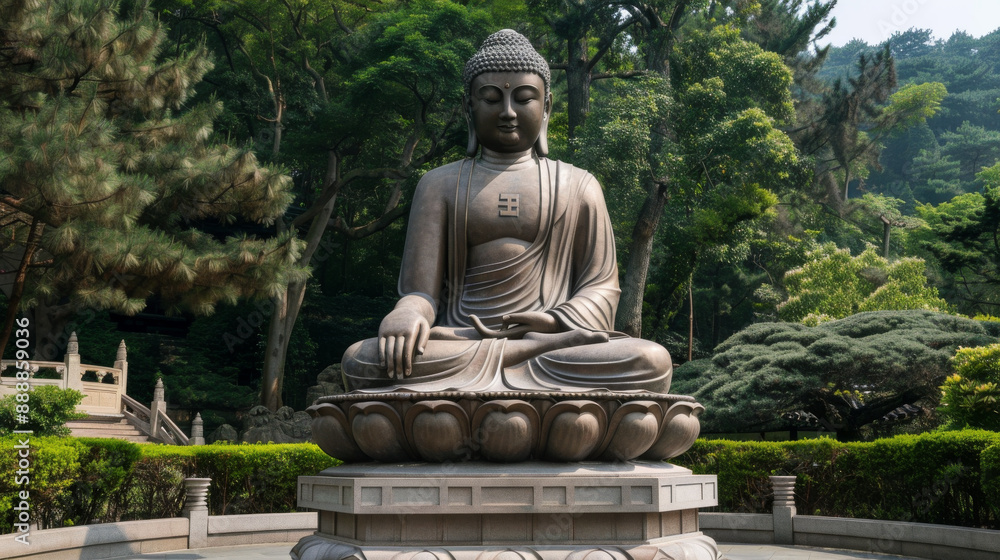A statue of a Buddha is sitting in a garden A statue of a Buddha is sitting in a garden