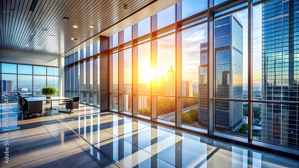 Studio photo of a modern office wall, highlighting its stylish design, minimalist decor, and expansive glass windows sunlight, contemporary office building's façade, emphasizing its sleek glass