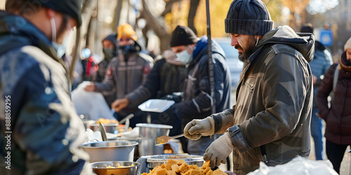 Pessoas em fila para comida em uma cozinha comunitária photo