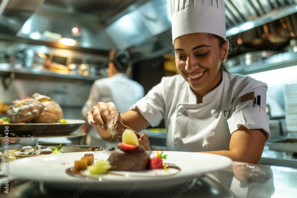 The scene unfolds in the kitchens of a grand restaurant in Wide angle photo shot. A latin woman pastry chef with tanned skin is skillfully plating a splendid dessert on a beautiful dish The scene unfolds in the kitchens of a grand restaurant in Wide angle photo shot. A latin woman pastry chef with tanned skin is skillfully plating a splendid dessert on a beautiful dish