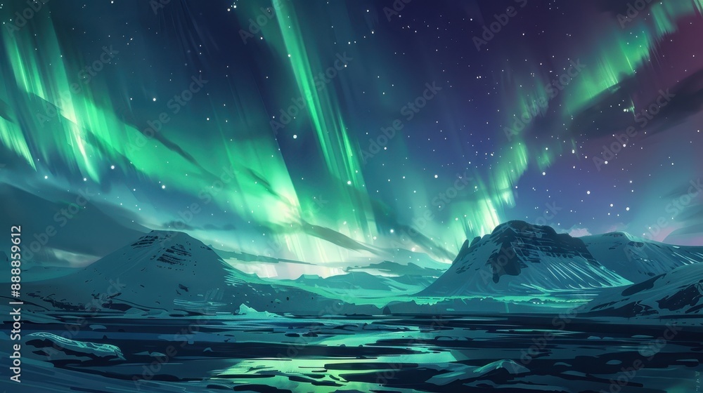 Aurora Borealis over Snowy Mountains Aurora Borealis over Snowy Mountains