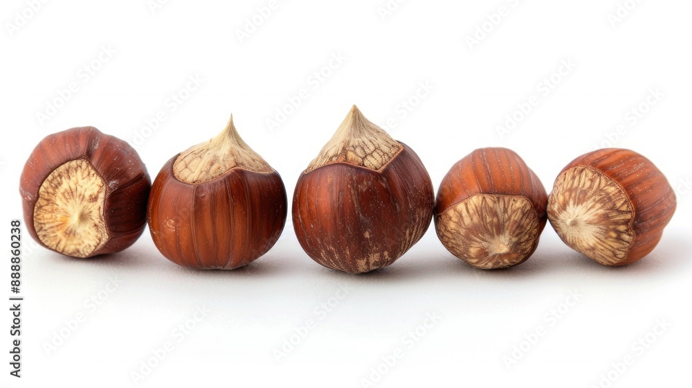 Close up of hazelnuts trio on white backdrop Harvesting hazelnut types organic cultivation veggie treat and nutritious options Horizontal orientation Close up of hazelnuts trio on white backdrop Harvesting hazelnut types organic cultivation veggie treat and nutritious options Horizontal orientation