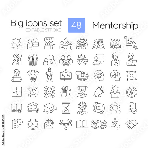 Mentorship linear icons set. Professional development. Personal growth. Mentoring programs. Coaching. Customizable thin line symbols. Isolated vector outline illustrations. Editable stroke