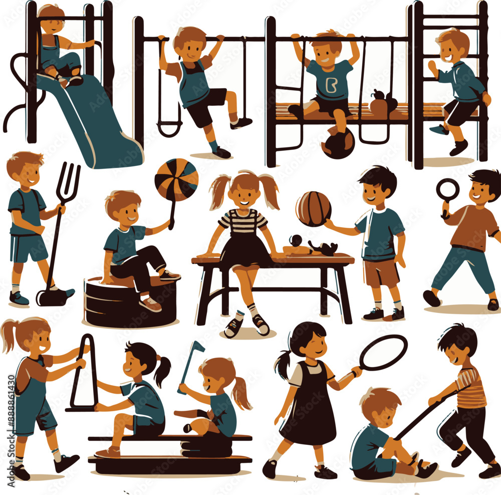 Naklejka premium Children girl and boy playing different games in the playground vector silhouette collection