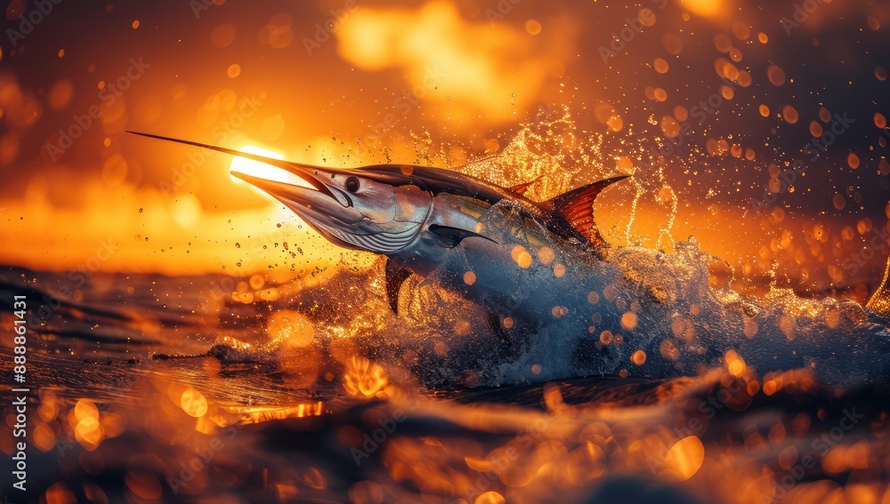 Naklejka premium Marlin Leaping at Sunset