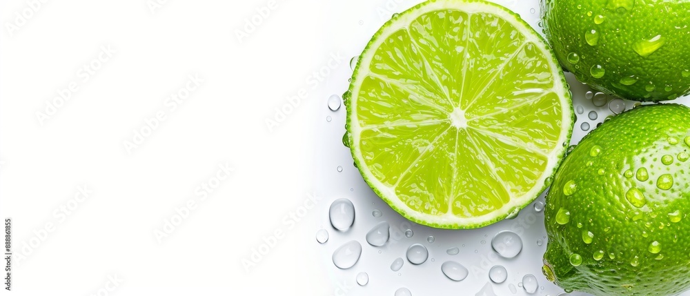 Three limes rest atop a pristine white surface, their tops dotted with beads of water, while their bottoms glisten with similar droplets Three limes rest atop a pristine white surface, their tops dotted with beads of water, while their bottoms glisten with similar droplets