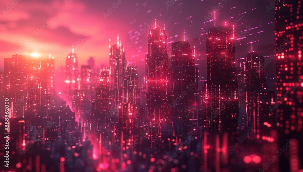 Obraz premium Cyberpunk Cityscape with Red Neon Lights