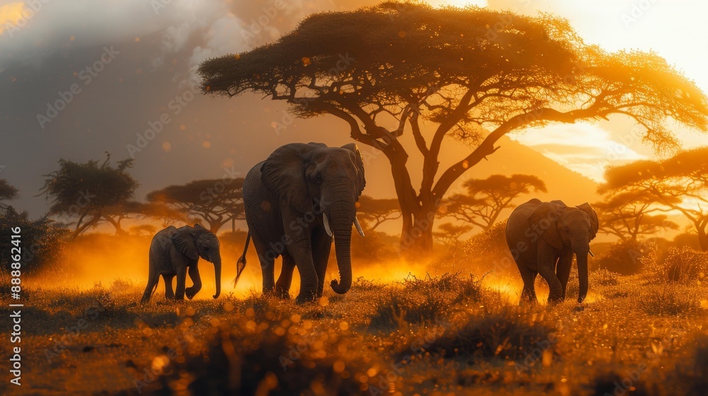 Fototapeta premium Elephants walking at sunset in the savannah - generative ai