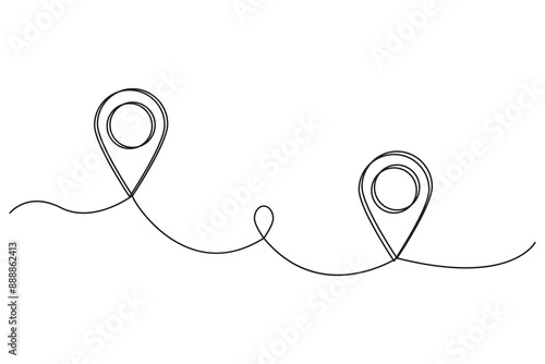 Travel route markers. Line art style. Location pin path. Vector illustration.