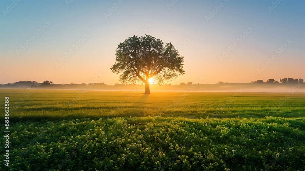 Lovely field picture with a tree and rising sun in the horizon Lovely field picture with a tree and rising sun in the horizon