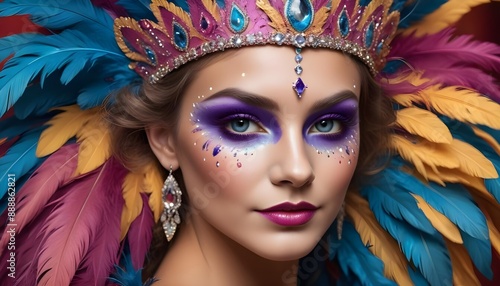 Carnival queen adorned with vivid, theatrical face paint, magnificent feathered headdress, and opulent, bejeweled costume
