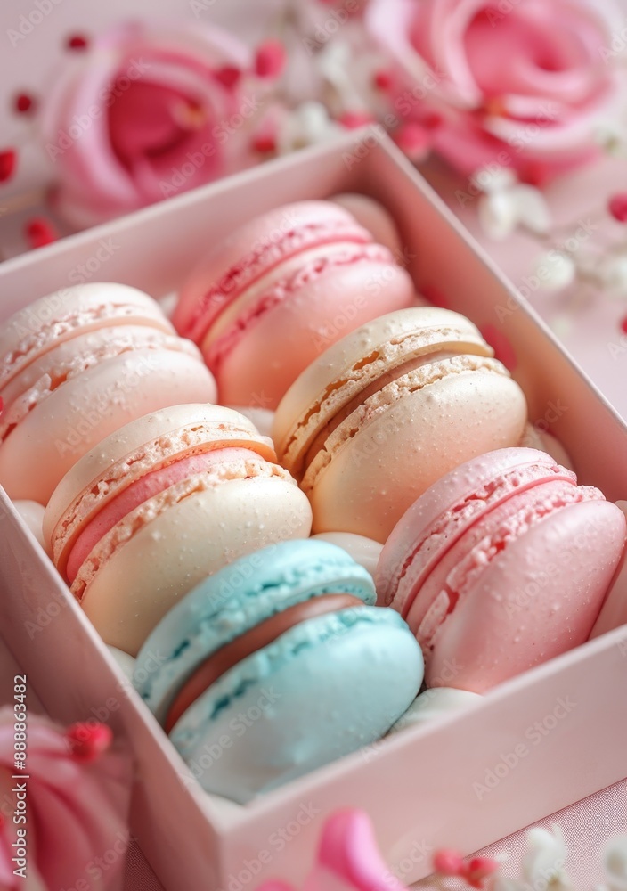 Fototapeta premium Colorful french macaroons in gift box on color background. Top view of various assorted flavors of classic French macarons in a gift box,almond cookies,Valentine's day sweet gift,holiday,celebration.
