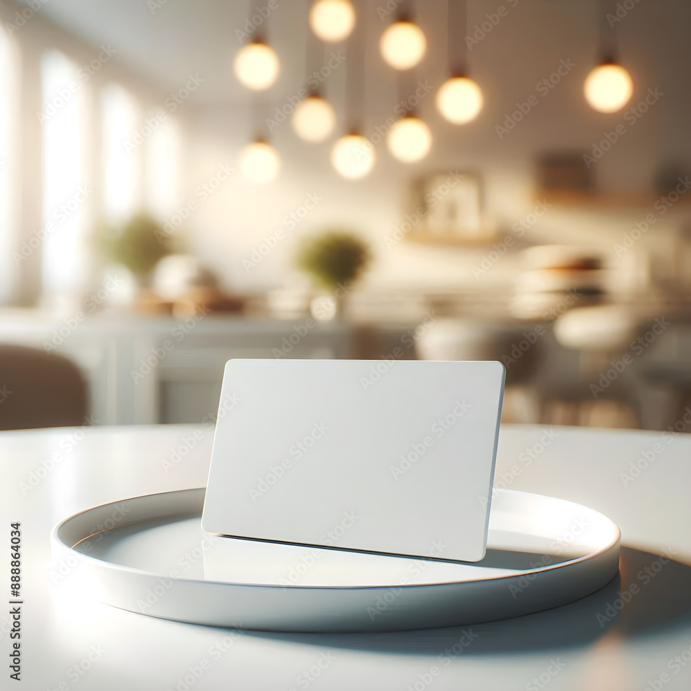 A blank business card stands on a plate against a blurred restaurant background. A blank business card stands on a plate against a blurred restaurant background.