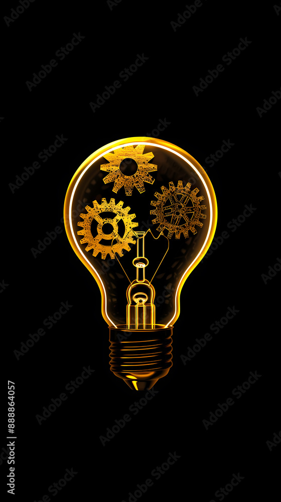 A yellow light bulb with gears inside A yellow light bulb with gears inside