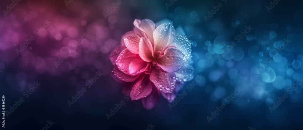 A flower in tight focus, adorned with dewdrops, against a softly blurred backdrop of blue, pink, and purple A flower in tight focus, adorned with dewdrops, against a softly blurred backdrop of blue, pink, and purple