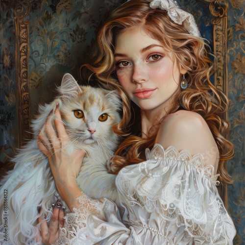 a beautiful girl in a fluffy dress holds a cute white cat in her hands.