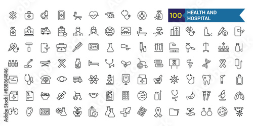 Health and Hospital icon. Outline icon collection. Editable vector stroke.