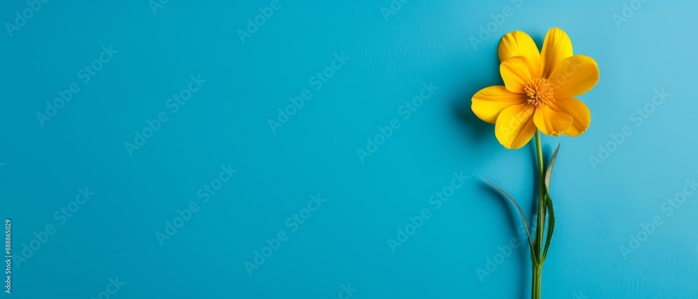 A yellow flower atop a blue table Nearby, a green plant with leafy foliage rests on a similar blue surface A yellow flower atop a blue table Nearby, a green plant with leafy foliage rests on a similar blue surface