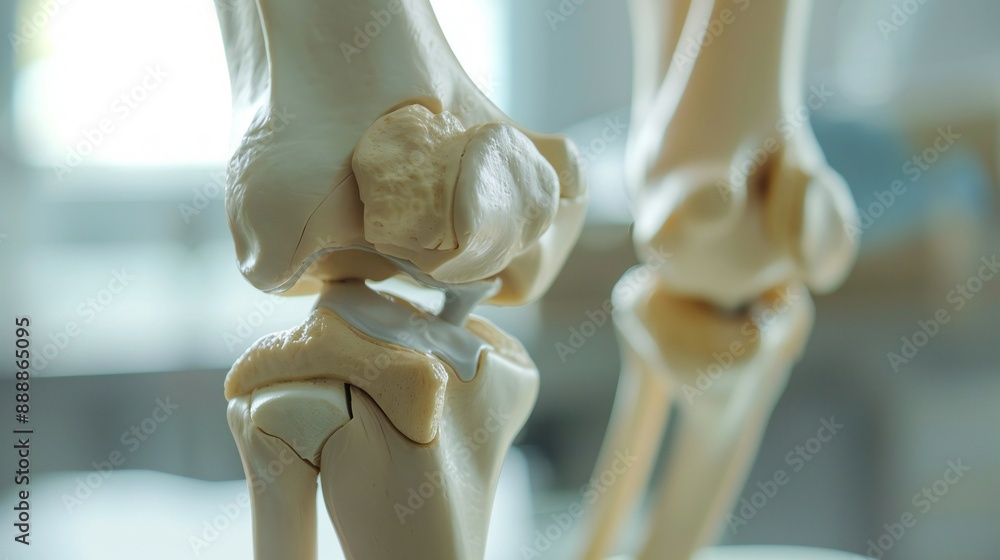 Close-up of the knee joint model highlighting the meniscus and cartilage in a clinic. Close-up of the knee joint model highlighting the meniscus and cartilage in a clinic.