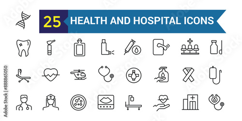 Health and Hospital icon. Outline icon collection. Editable vector stroke.