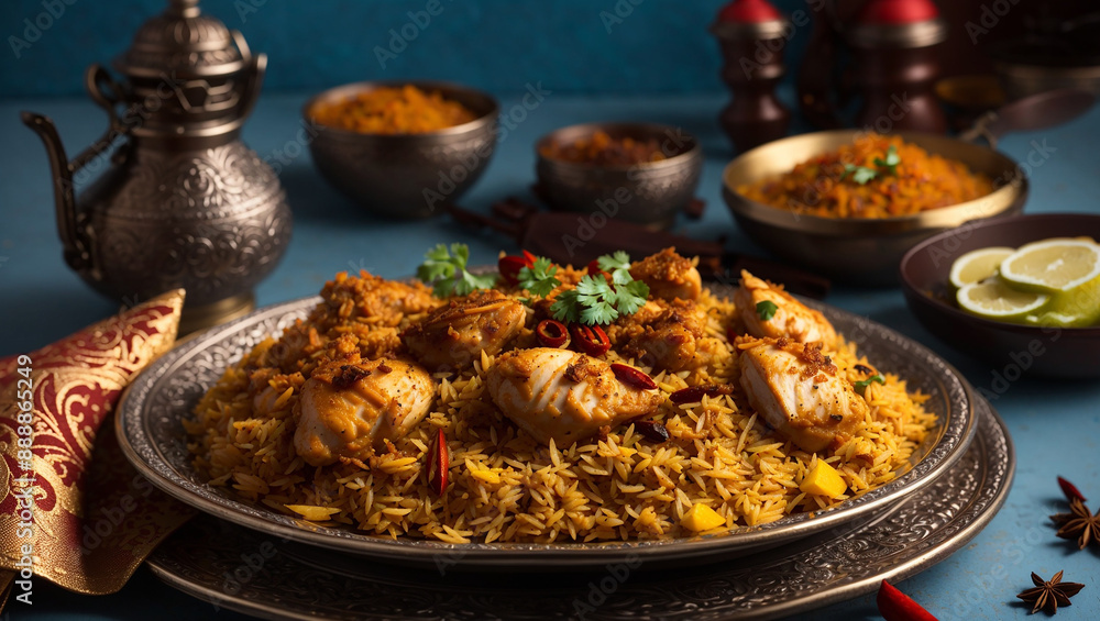 A large plate of chicken biryani, a traditional South Asian dish, with rice, chicken, and spices. A large plate of chicken biryani, a traditional South Asian dish, with rice, chicken, and spices.