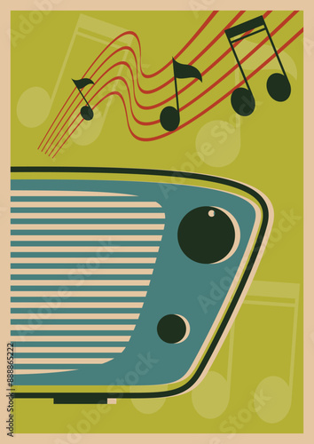1960s Commercial Poster Style Illustration, Retro Radio, Notes, 1960s Colors and Shapes 