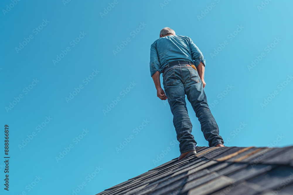 Home Roofing Inspector On Ladder, Roof Inspection, Construction Repair Survey Service, Analyze Damage By Professional Contractor with Construction Hat Home Roofing Inspector On Ladder, Roof Inspection, Construction Repair Survey Service, Analyze Damage By Professional Contractor with Construction Hat