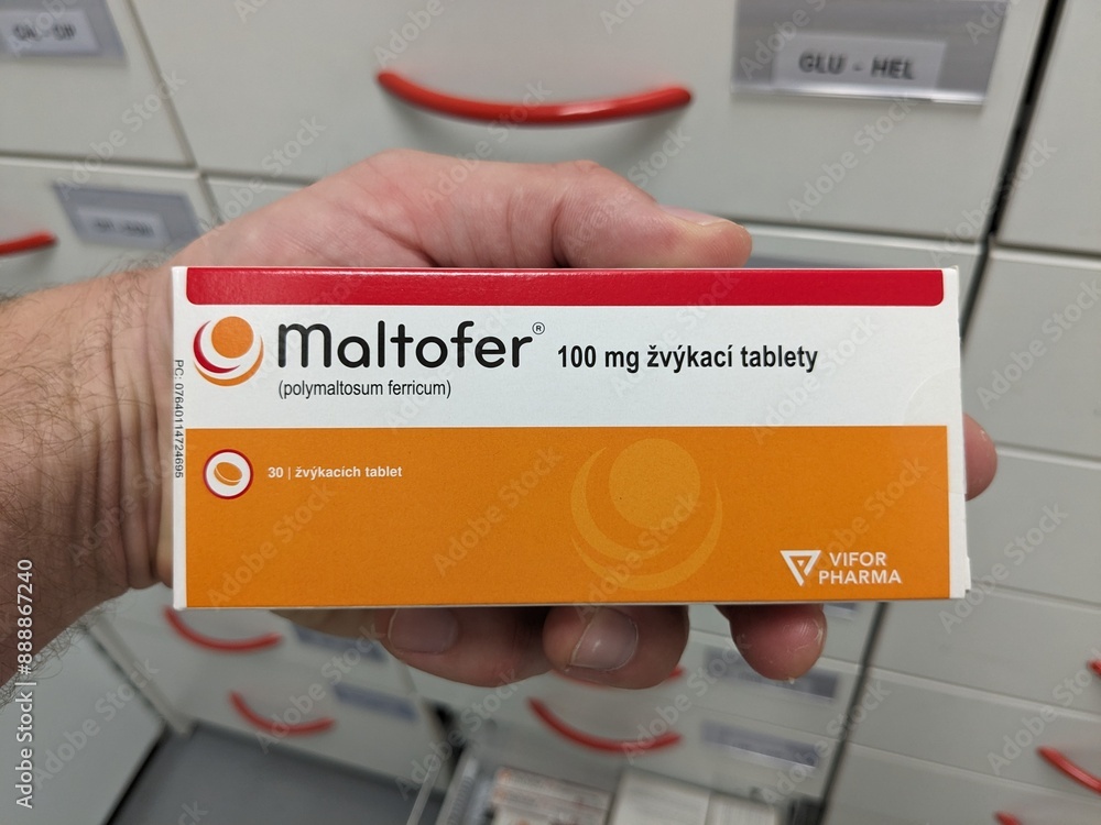 Prague,Czech RepublicJuly 9 2024 Maltofer box of medication with Iron