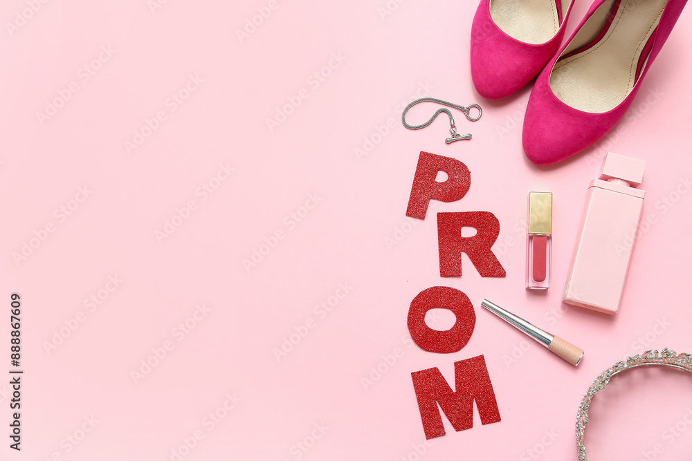 Word PROM with female shoes, tiara and perfume bottle on pink background Word PROM with female shoes, tiara and perfume bottle on pink background