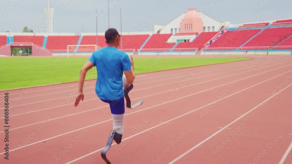 Asian para-athlete with prosthetic blades warms up body in the stadium. Asian para-athlete with prosthetic blades warms up body in the stadium.